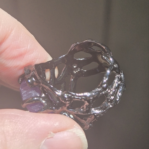 Amethyst 12k leaf & Rhodalite sterling & rhodium ring sz7 - Picture 10 of 10